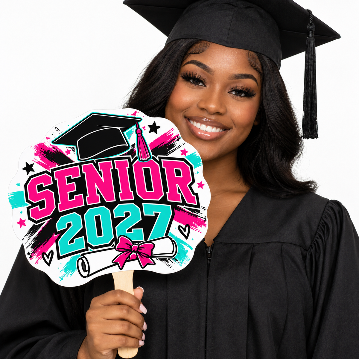 Illustrative Senior 2027 fan mockup with model; personalization varies