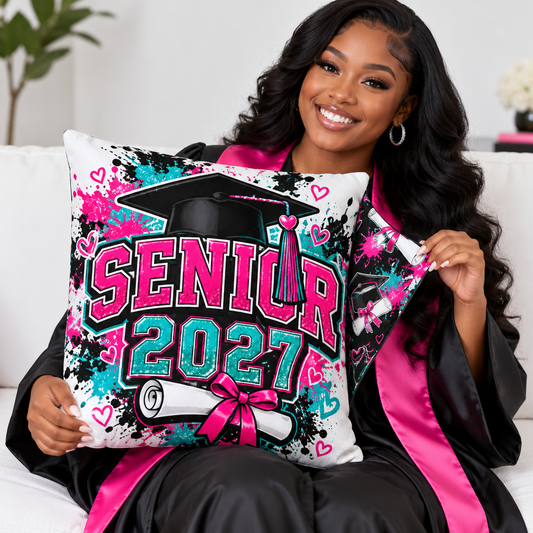 Illustrative Senior 2027 pillow double mockup with model; personalization varies