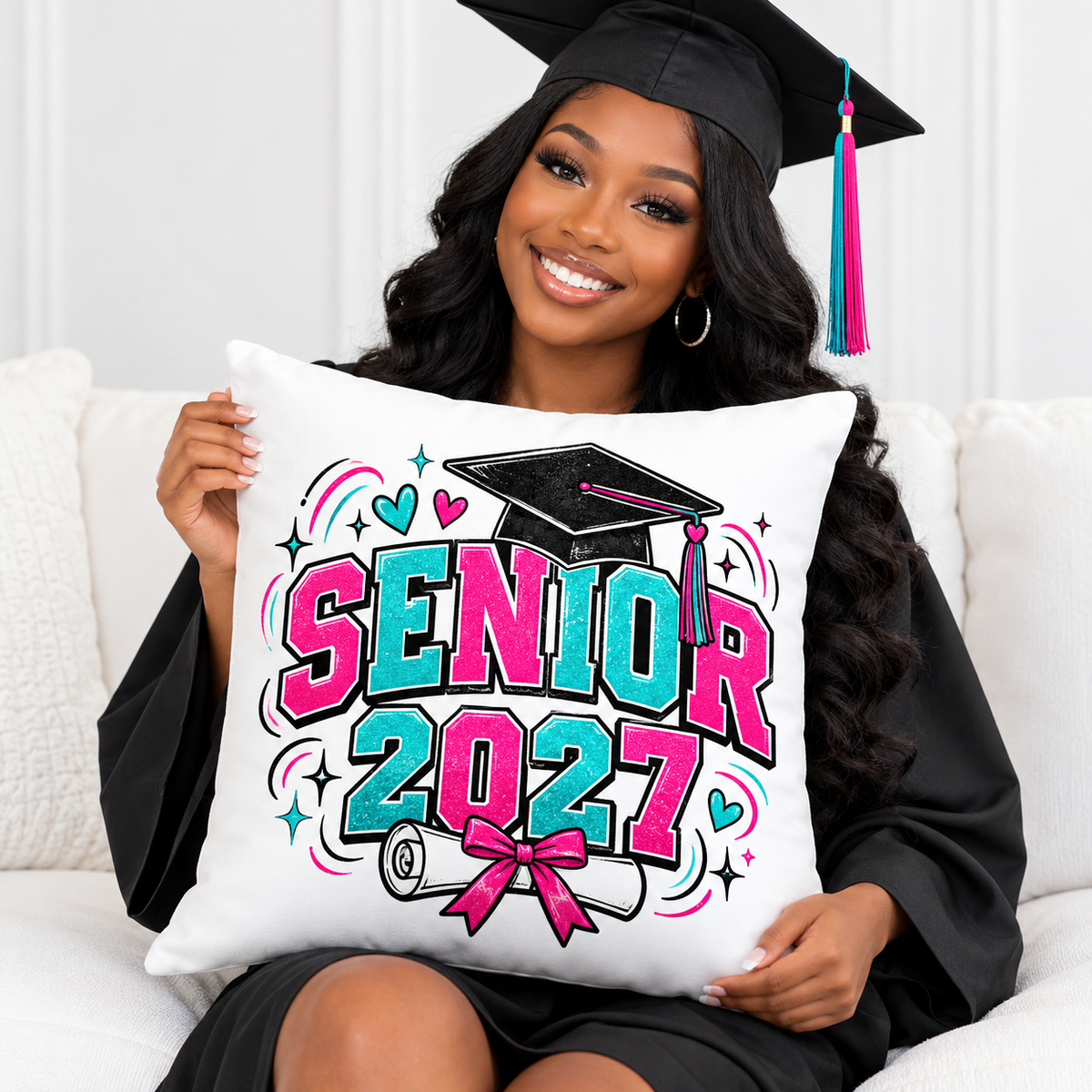 Illustrative Senior 2027 pillow single mockup with model; personalization varies