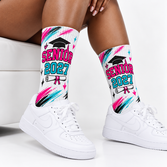 Illustrative Senior 2027 socks mockup with model; personalization varies
