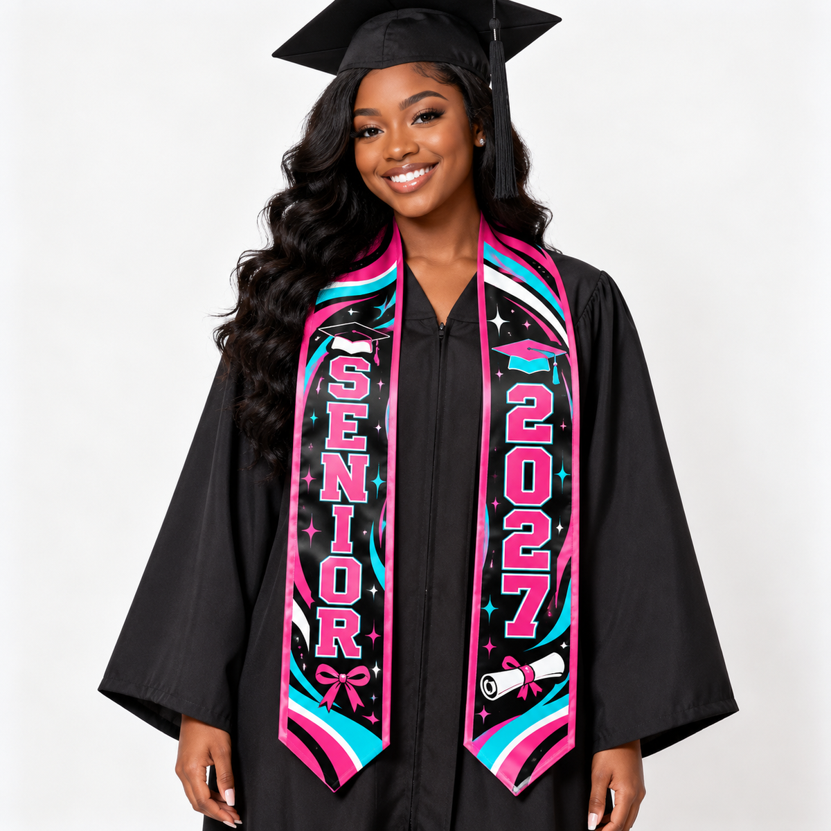 Illustrative Senior 2027 stole mockup with model; personalization varies