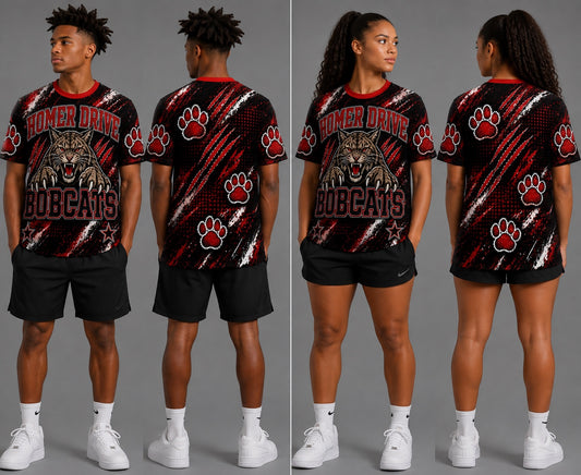 Homer Drive Bobcats all-over shirt front and back mockups