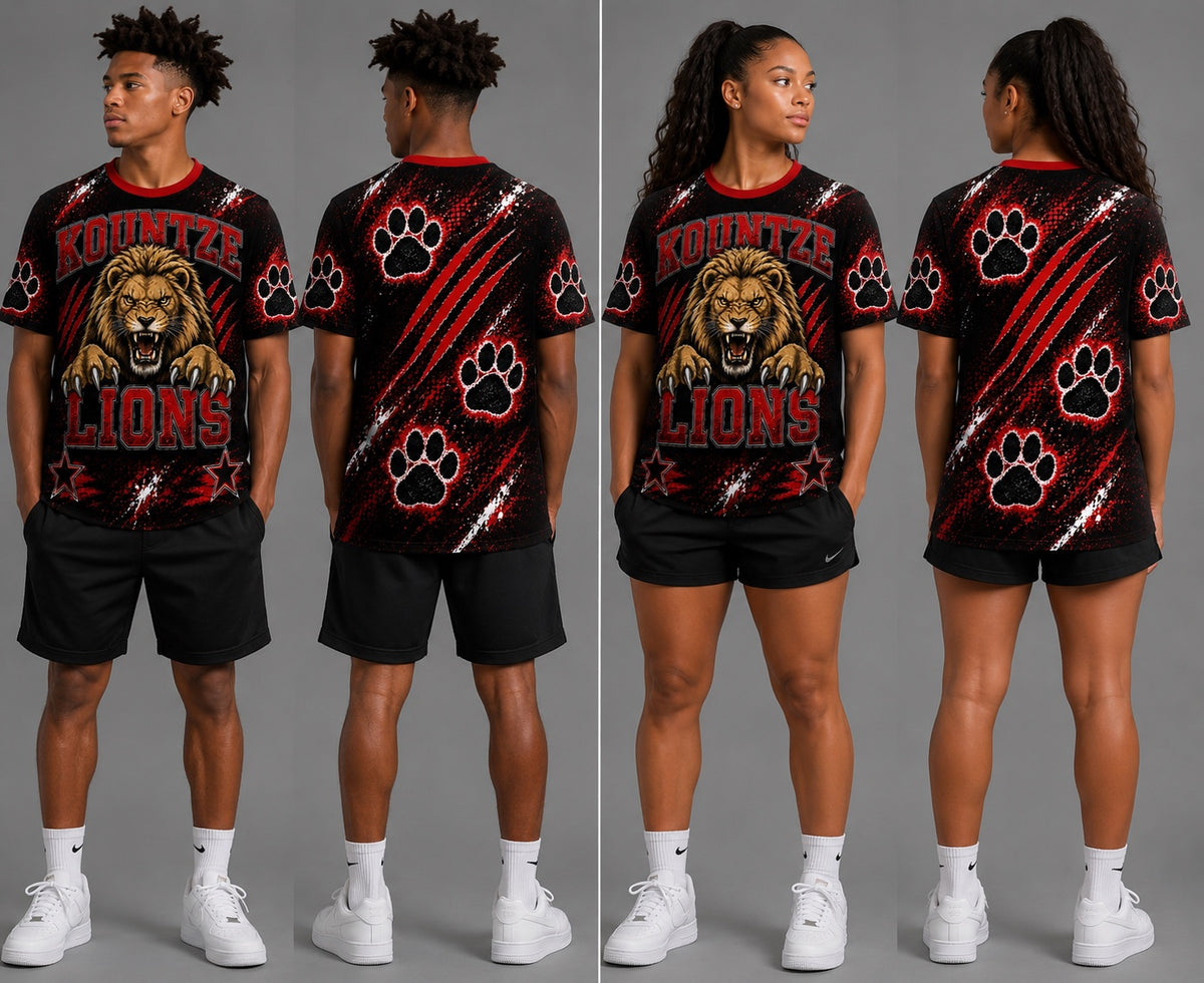 Kountze Lions all-over shirt front and back mockups