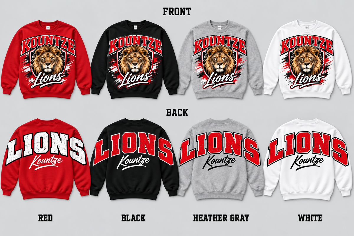 Kountze Lions crewneck pullover: school spirit graphic front and oversized LIONS back, Red Black Heather Gray White options