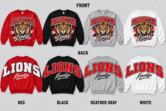Kountze Lions crewneck pullover: school spirit graphic front and oversized LIONS back, Red Black Heather Gray White options