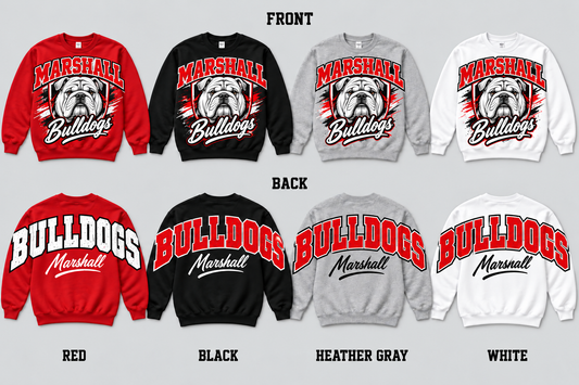 Marshall Bulldogs pullover front graphic and oversized BULLDOGS back in Red Black Heather Gray White