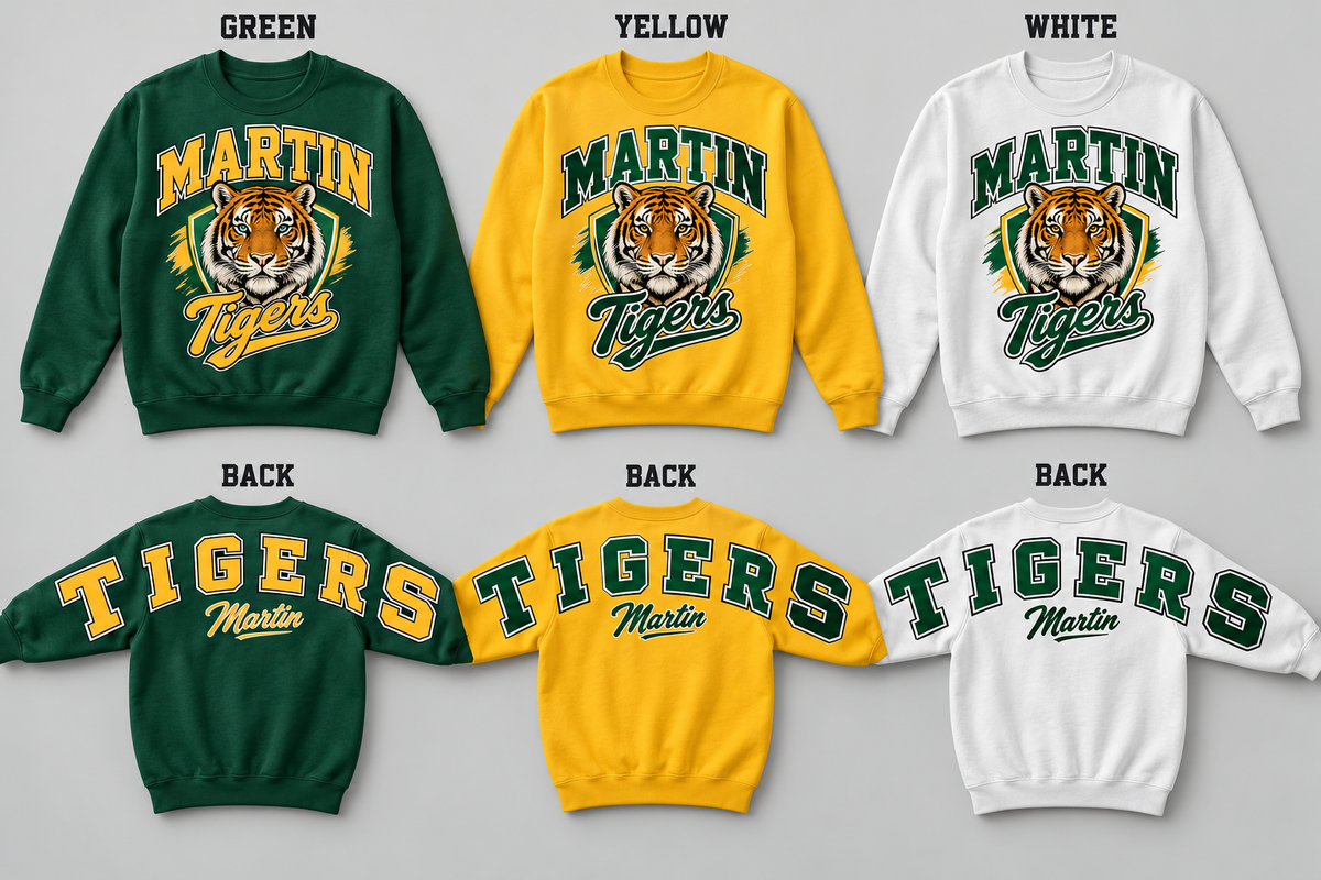 Martin Tigers front design and TIGERS across sleeves and back in Green Yellow White