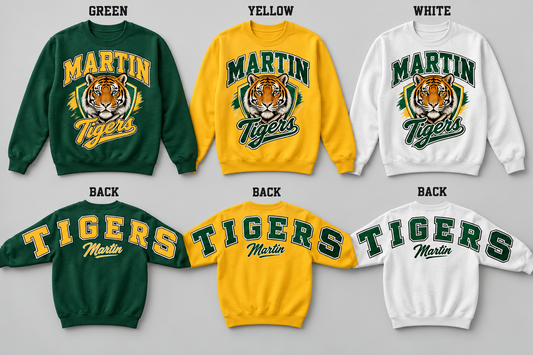 Martin Tigers front design and TIGERS across sleeves and back in Green Yellow White