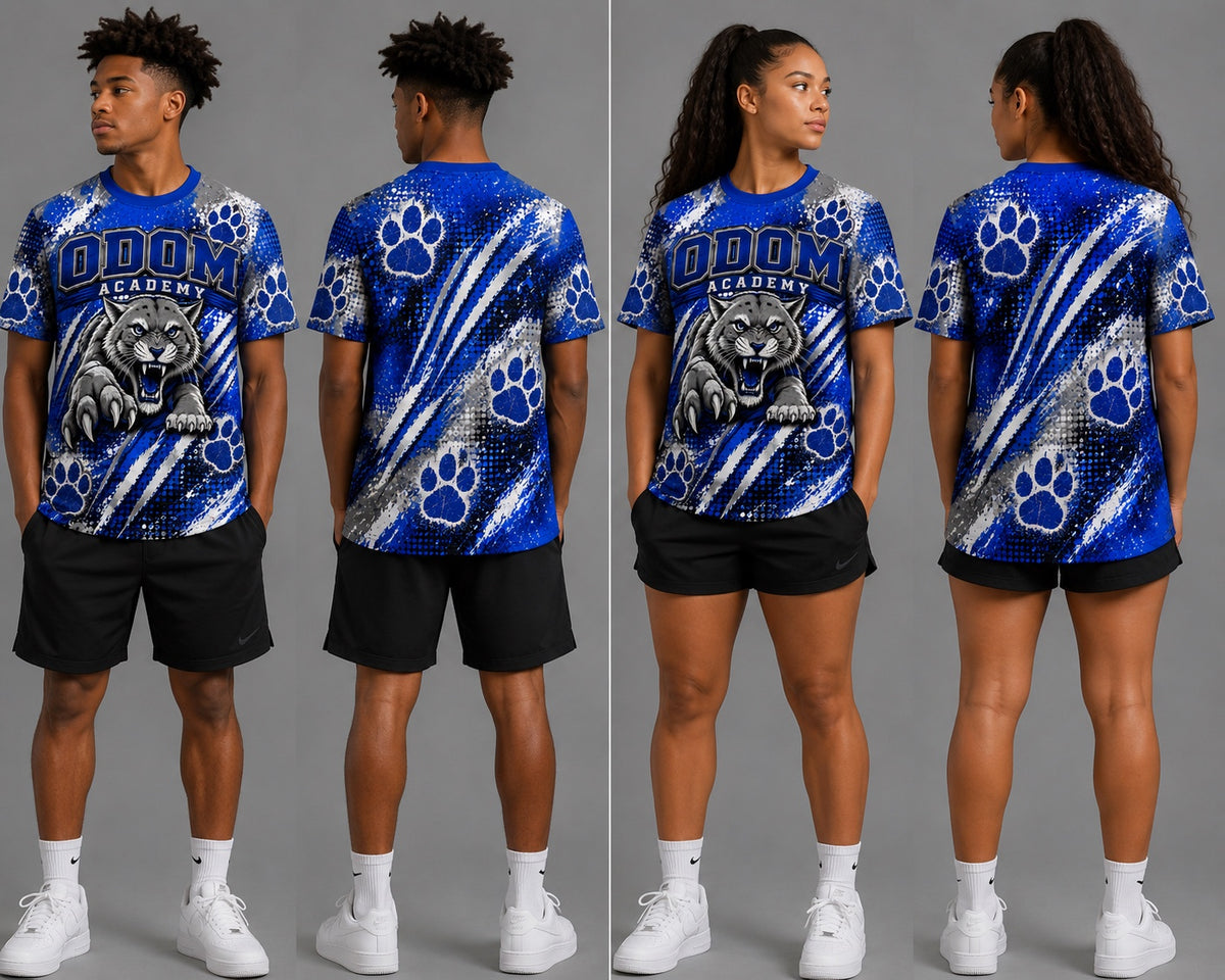 Odom Academy Wildcats all-over shirt front and back mockups