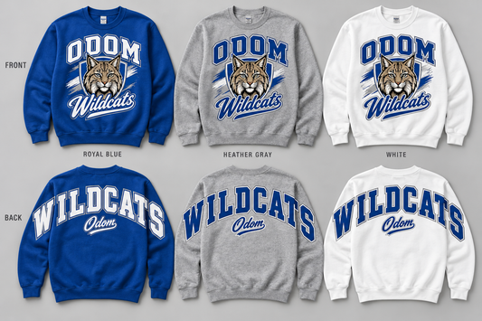 Odom Wildcats front and back pullover mockups in Royal Blue Heather Gray and White