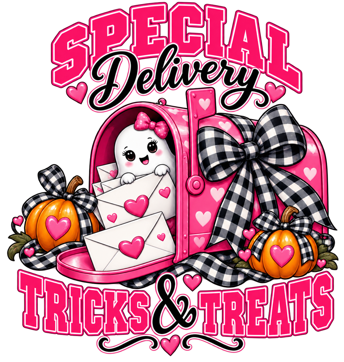 Special Delivery Tricks & Treats — Pink Postal Halloween DTF Transfer — 4-inch