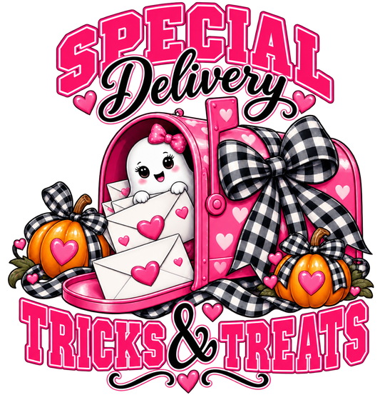 Special Delivery Tricks & Treats — Pink Postal Halloween DTF Transfer — 4-inch