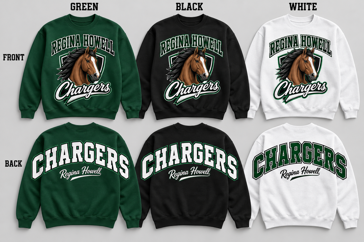 Regina Howell Chargers horse front design and oversized back lettering in Green Black and White