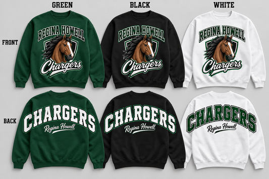 Regina Howell Chargers horse front design and oversized back lettering in Green Black and White