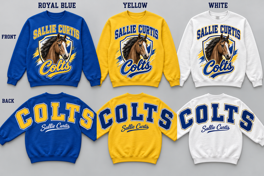 Sallie Curtis Colts horse front design and COLTS across sleeves and back in Royal Blue Yellow White
