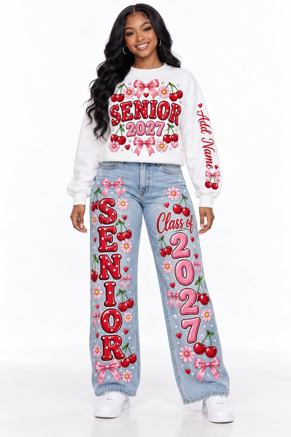 Cherry Bows Senior 2027 sweatshirt and wide-leg jeans outfit mockup