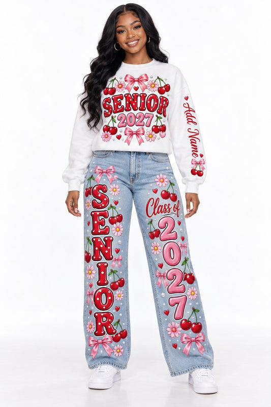Cherry Bows Senior 2027 sweatshirt and wide-leg jeans outfit mockup