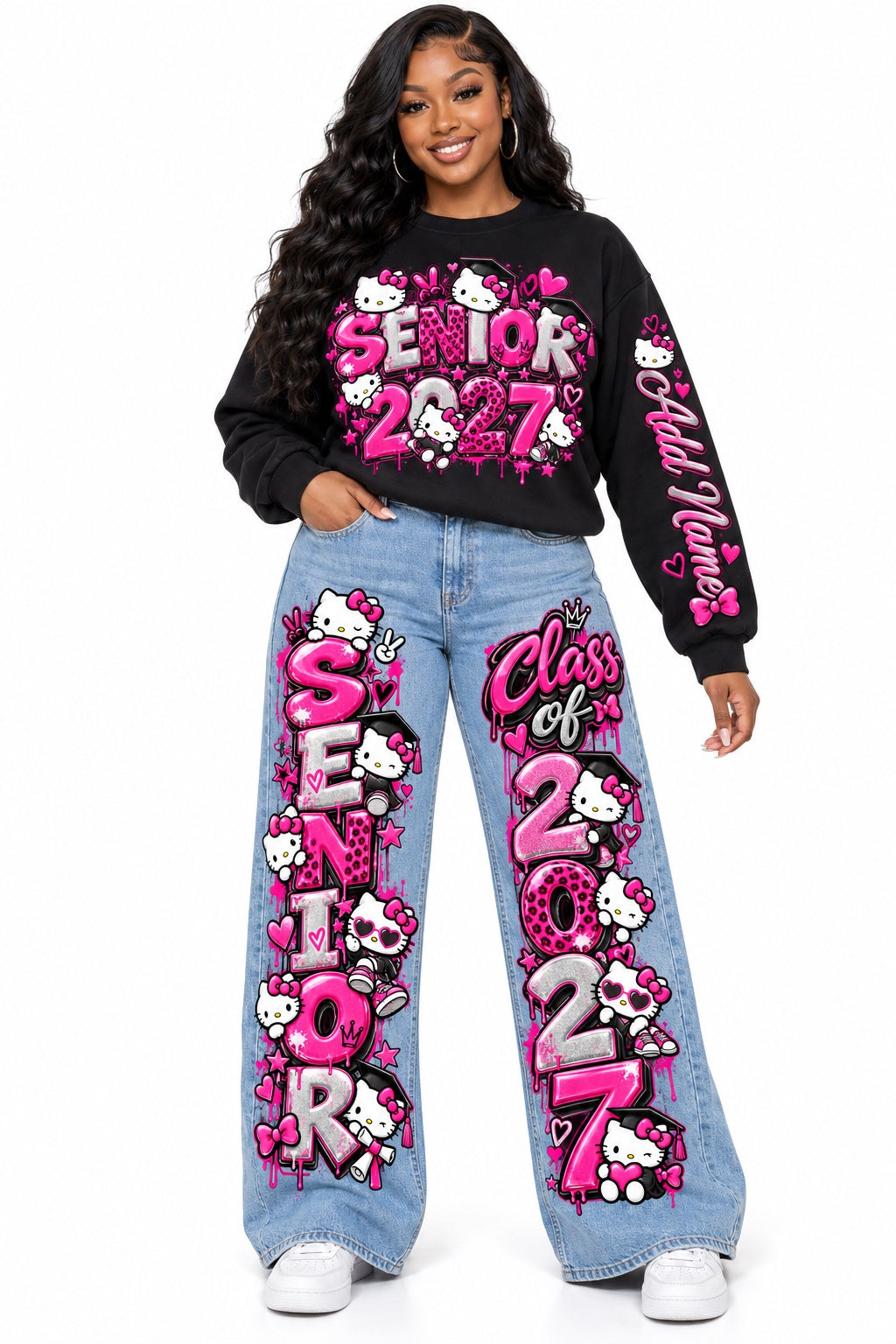 Hello Kitty Pink Senior 2027 sweatshirt and wide-leg jeans outfit mockup