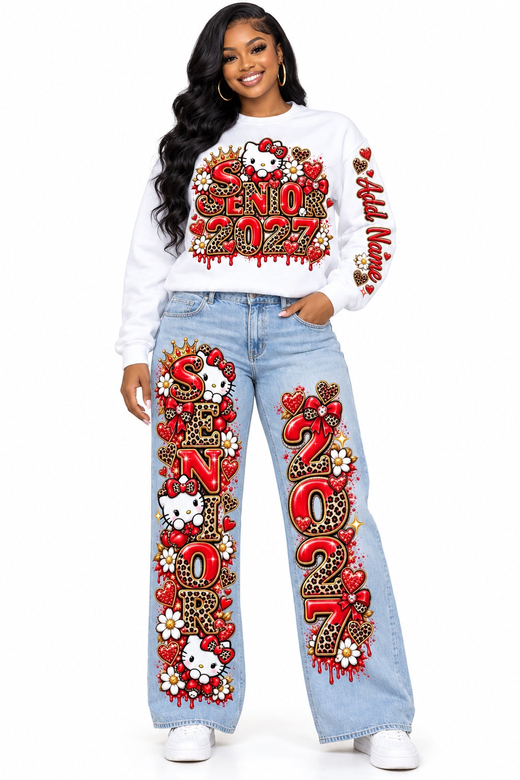 Hello Kitty Red Leopard Senior 2027 sweatshirt and wide-leg jeans outfit mockup