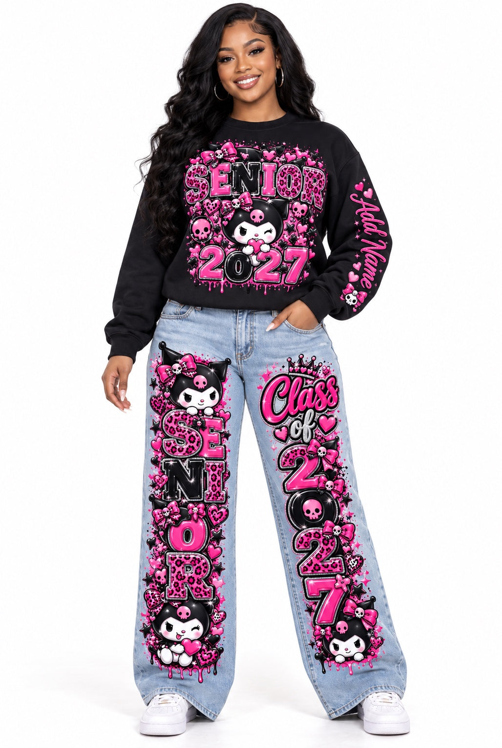 Kuromi Pink Leopard Senior 2027 sweatshirt and wide-leg jeans outfit mockup