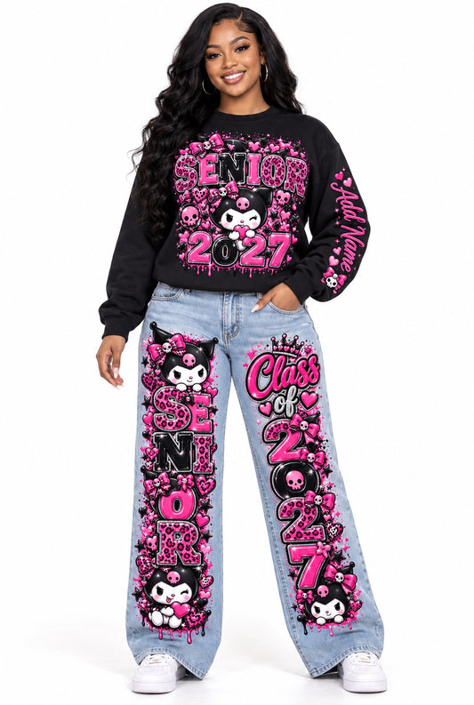Kuromi Pink Leopard Senior 2027 sweatshirt and wide-leg jeans outfit mockup