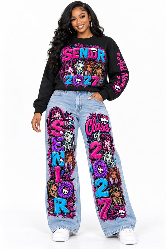 Monster High Graffiti Senior 2027 sweatshirt and wide-leg jeans outfit mockup