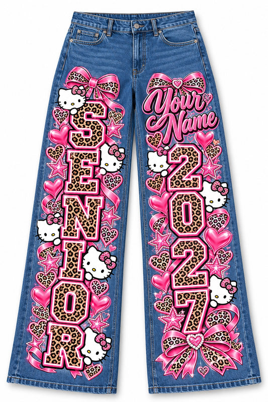 Hello Kitty Pink Leopard Senior 2027 Custom Jeans — Pants Only design mockup