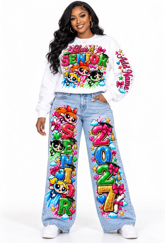 Powerpuff Girls Color Pop Senior 2027 sweatshirt and wide-leg jeans outfit mockup