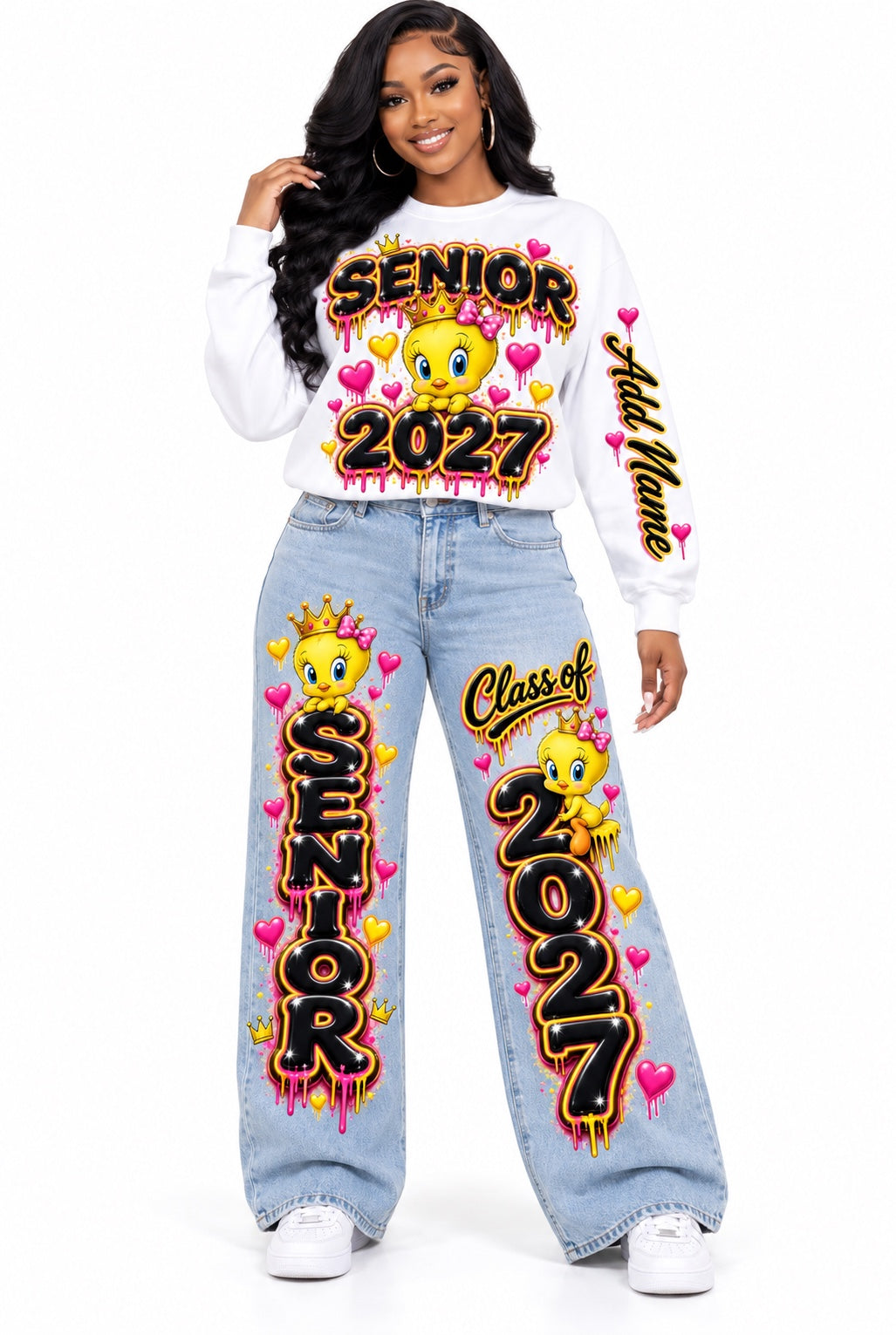 Tweety Queen Senior 2027 sweatshirt and wide-leg jeans outfit mockup