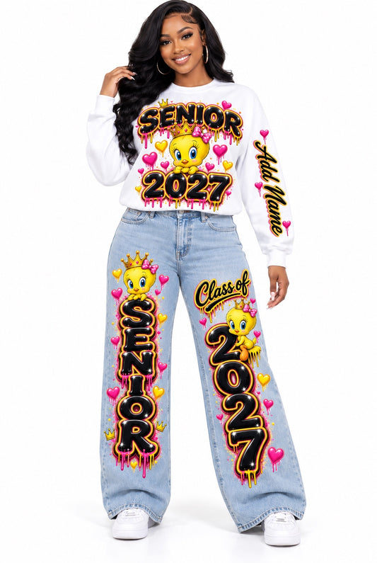 Tweety Queen Senior 2027 sweatshirt and wide-leg jeans outfit mockup