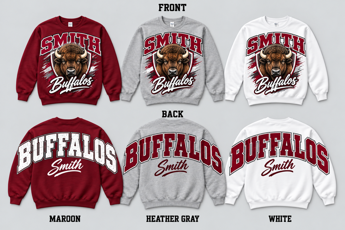 Smith Buffalos school spirit pullover front graphic and oversized BUFFALOS back in Maroon Heather Gray White