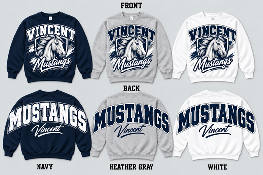 Vincent Mustangs front and back pullover mockups in Navy Heather Gray and White