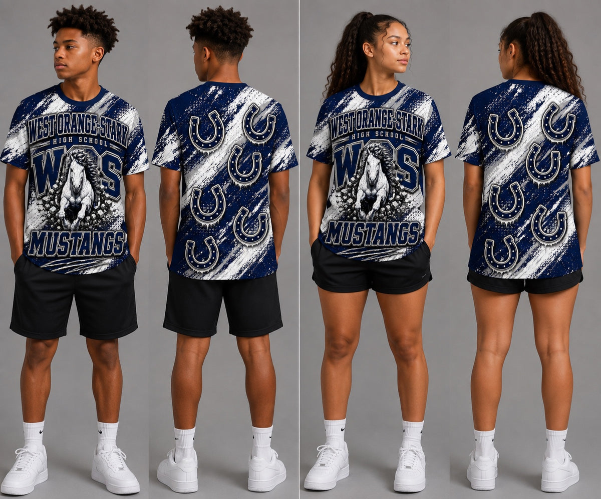 West Orange-Stark Mustangs all-over shirt front and back mockups