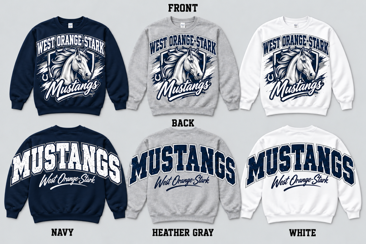 West Orange-Stark pullover front and back with correctly spelled MUSTANGS on Navy Heather Gray White