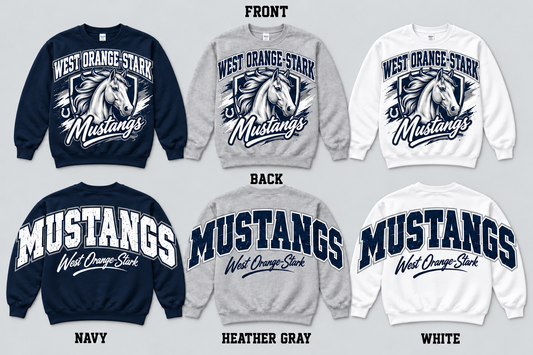 West Orange-Stark pullover front and back with correctly spelled MUSTANGS on Navy Heather Gray White
